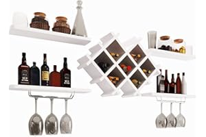 Best Value Here Wall Mount Wine Rack White Bar Accessories Bottle Holder Champagne Glass Storage Unit with 4 Floating wall Shelves Shelving (White)