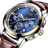 Uhren für Herren,LIGE Braunes Lederarmband Sport Analog Quarz Armbanduhr Wasserdicht Chronograph Datum Kalender Business Casual Luxus Leuchtendes Kleid Uhr Gold Blau
