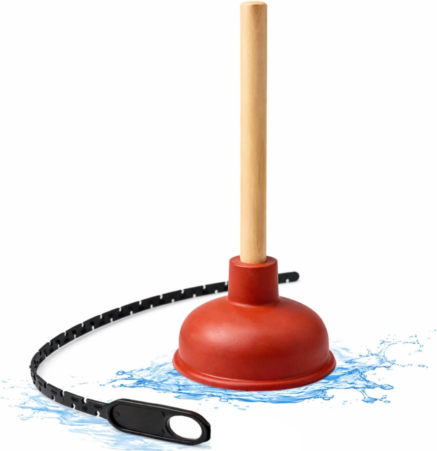 Desatascador Tuberias Profesional con Ventosa de Goma 11 cm y Mango de Madera 23 cm + Desatascador de Cremallera 45 cm – Ventosa Desagüe para Fregadero, Ducha y Lavabo