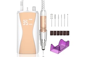 Kredioo Torno para Uñas Profesional 35000RPM, Inalámbrica Lima Electrica, Pulidor, Taladro Manicura Pedicura, Eléctrico Portátil, Kit Fresas Set 6 Brocas, LED, Quitar Acrílico o Gel, Oro
