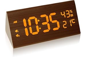 HINREY Wecker Digital Holz, LED Tischuhr Holzoptik 7 Helligkeit und 5 Lautstärke Dual Alarm Digital Uhr mit Luftfeuchtigkeit- und Temperaturanzeige USB Netzanschluss für Schlafzimmer, Wohnzimmer Braun