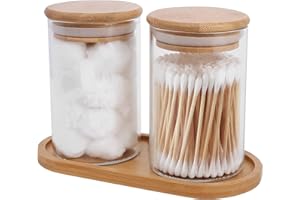CIVG 2pcs Porte-Tige en Coton avec Plateau de Couvercle en Bambou 10 oz Organisateur de Bille en Coton Pot de Rangement de Salle de Bain en Verre Transparent Vintage