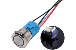 JIQI 22mm Momentane Metall Druckschalter 12V bis 24V 5A Momentary LED Tastenschalter IP66 1NO1NC wasserdichte vorverdrahte EIN/AUS Taste Schalter für Fahrzeugmodifikation Wohnmobil DIY(Blau)