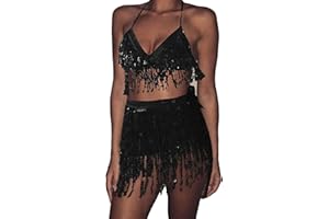 FEMEREINA Women´s Sexy Rave Fringe Belly Tassel Mini Skirt Dance and Sequins Bra Top Party Club Costume Carnival Outfits