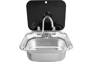 MINRS Évier de camping RV - Kit de construction - Évier de camping-car ou bateau - Lavabo à main en acier inoxydable avec robinet d'eau chaude et froide - Couvercle pour camping-car compatible - 41 x