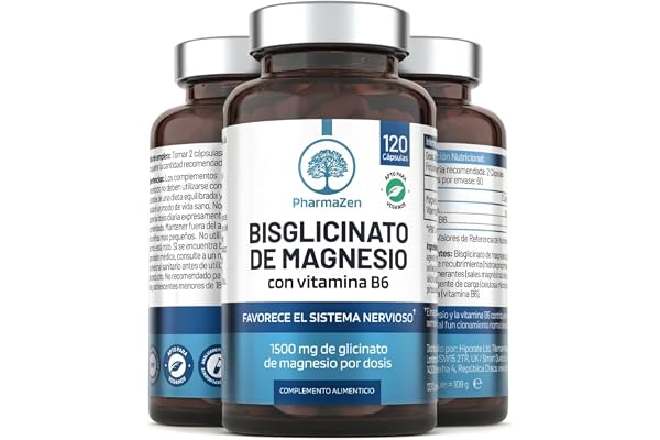 Bisglicinato de Magnesio 1500 mg con vitamina B6 - Sueño y energía | 120 cápsulas veganas - 300 mg de magnesio puro - Glicinato de magnesio quelado - Alta absorción - PharmaZen