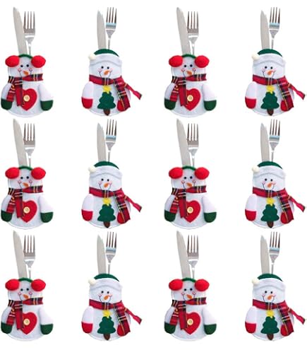 Porte-Couverts Noël Hillylolly - 12 Sachets En Feutre Déco Table - Père Noël Et Bonhomme De Neige