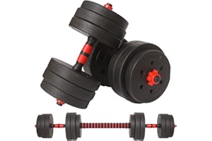 BAKAJI Set 2 in 1 Manubri Regolabili con Barra Bilanciere e 12 Dischi Totale Peso 25kg (4x2.5kg + 4x2kg + 4x1.5kg), Rivestimento Nero e Rosso in Gomma Piuma Antiruggine Antiscivolo, Fitness