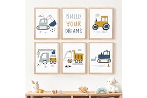 Youihom 6 Laminas Decorativas Pared Niños Cuadros Decoracion Dormitorios Infantiles Lienzo Bebe Habitacion Poster Vehículos Construcción Niño Regalo 21x30cm sin Marco