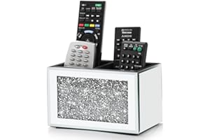 Pibeyer Mirrored Remote Control Holder, Crushed Diamond Remote Organizer Wall Mount, Silver Bling Decoration Organizer Storage Box