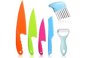 FEISIGE 6Pcs Kids Plastic Knives Set with Cutting Board & Paring Knife - Child Safety Kitchen Knives in 4 Sizes for Vegetables, Fruits, and Salad (BPA-Free, Non-Slip Handle)