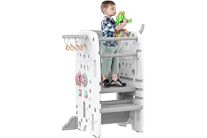 Gupamiga Torre de Aprendizaje Montessori para Infantil, Antivuelco, Regulable en Altura, Peldaños Antideslizantes, con Funciones de Entretenimiento como Pintar, Baloncesto o Lanzamiento de Aros SST-02