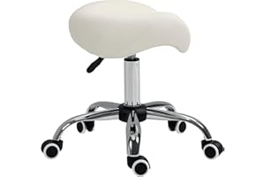 HOMCOM Tabouret à roulettes, tabouret de massage avec hauteur réglable 49-61 cm et selle ergonomique, chaise de travail à roulettes pivotant 360°, pour salon de massage, tatouage, clinique, spa, blanc