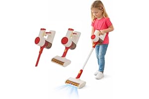 YULEYU Kids Vacuum Cleaner Toy, 3 in 1 Realistic Suction Kids Cleaning Playset With Sound, Pretend Role Play HouseKeeping Toy, Sponge Rag Cleaning Tools for Toddlers (Red)
