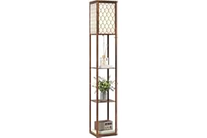 HOMCOM Floor Lamp with Shelves, Modern Tall Standing Lamps with Fabric Lampshade, Chain Switch and Single Light for Living Room, Bedroom, Bulb not Included, Rustic Brown