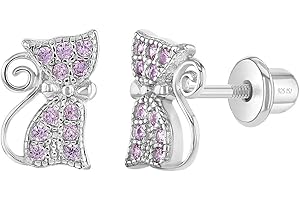 In Season Jewelry Plata Fina 925 Pendientes con Cierre de Rosca en Forma de Gato Rosa con Circonita para Niñas, Niñas Pequeñas y Preadolescentes