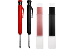 Venturovere 2-Piece Mechanical Carpenters Pencil Set for Woodworkers - Builders Tracer Pencil with 45mm Metal Nib, Built-in Sharpener & 14 Refills (7 Black, 7 Red) for Wood, Metal, Glass & DIY