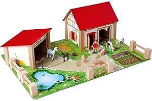 Eichhorn Bauernhof 100004309 - Bauernhof bestehend aus 2 Gebäuden, Spielplatte, Figuren, Tiere, Zäune, 20 teilig, Größe 36x51cm, Buchenholz, für Kinder ab 3 Jahren