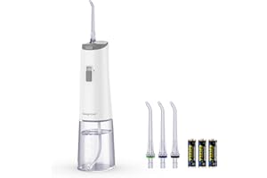 Sawgmore Irrigatore orale senza fili, pulitore elettrico con 4 ugelli, girevole a 360°, IPX6, impermeabile, funzionamento a batteria, per viaggio/famiglia, 220 ml (bianco)