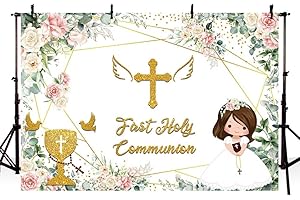 AIBIIN 7x5ft First Holy Communion Backdrop God Bless Girls Baptism Party Decorations Christening Ceremony Newborn Baby Shower Photography Background Pink Floral Favors Gifts Photo Supplies