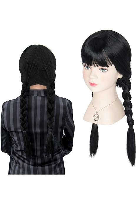 Perruque Femme Noire Tressée Style Mercredi / Gothique - Longueur 50cm, Avec Frange, Pour Cosplay Halloween - 3
