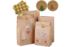 FLOFIA 24pcs Bolsas de Papel de Navidad Bolsas de Regalo de Papel Kraft Navidad Bolsas Papel Navideñas Patrón Zorro Reno Pegatinas Incluídas para Navidad Cumpleaños Fiestas Caramelos Dulces Galletas