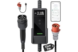 ‎DÉ dé Mobile Wallbox 11kW mit APP [7 m | 3-phasig | 6–16 A], Ladekabel e Auto CEE-16A 400V auf Typ 2 mit Einstellbarer Ladeleistung, EV-Charger für ID.3/4/5/7, IX1, Model 3/Y und andere BEV/PHEV