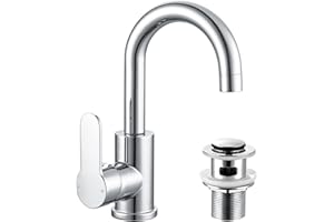 HPWVKVDB Basin Mixer Tap Swivel Sink Taps for Bathroom with Pop Up Waste, Modern Mono Swan Neck Bathroom Tap Single Lever Basin Taps for Washroom, Chrome