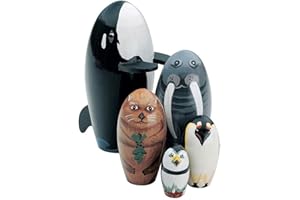 Bits and Pieces - "Whale of a Good Time - Matryoshka Dolls - Wooden Russian Nesting Dolls - Sea Life Animal Figurines - Stacking Dolls Set of 5