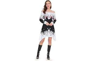 ANVIGO Kleid Weihnachten Damen, Weihnachtskleider Damen, Bedrucktes Weihnachtskleid, Weihnachten Print Langarmkleid, Schulterfreies Kleid mit Schneeflocken und Weihnachtsmann für Weihnachtsfeier