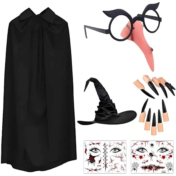Nez De Sorcière + 10 Ongles Noirs - Accessoires Déguisement Halloween Sorcière Enfants Adultes Avec Cordon Élastique