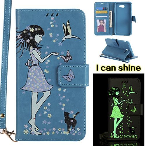 Samsung Galaxy J7 2017 Case [with Free Screen Protector],Kwapo® Embossed Girl and Cat Pattern Design Premium Flip Magnetic Detachable PU Leather Wallet [with 9 Credit Card Holder Slots] Smart Standing Folio Book Style Ultra Thin Nice Drawing Patterns Protective Case Cover Skin for Samsung Galaxy J7 2017 - Blue