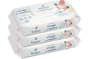 BIOLANE - Lingettes bébé visage et mains - Lot de 3 paquets - 192 Lingettes (3x64) - Nettoie et protège - Toilette - Peaux Sensibles - 97% d'ingrédients naturels