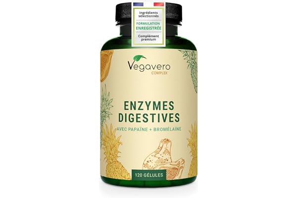 Enzymes Digestives Vegavero® | VEGAN & NATUREL | Bromélaïne, Papaïne, Amylase, Lipase, Cellulase + Calcium (Aquamin™) | Sans additifs | Digestion Difficile | 120 Gélules Drcaps®