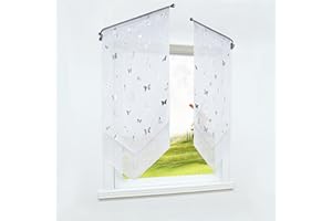 ‎CORLIF CORLIF Scheibengardine mit Tunnelzug Vorhang Küche Bistrogardinen Panneaux Voile Kurzgardine Transparent Gardinen mit Schmetterling Druck Weiß BxH 40x90cm 1 Stück