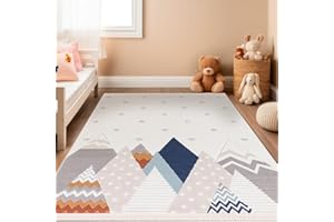 RUGURA Alfombra Infantil Habitación Niña Niño Dormitorio Montañas Nubes Estrellas Arcoiris Animales 160x230cm Gris Azul Crema Beige