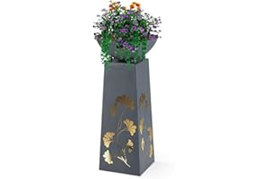 ‎HOBERG Hoberg LED Pflanzsäule Ginkgoblätter-Design in Beton-Optik | Abnehmbare Pflanzschale (Ø 34cm) In- und Outdoor geeignet | Integrierte Beleuchtung, 6h Timer, kabellos [23 x 23 x 70 cm]