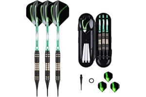 SANFENG Dardos con punta de plástico de 18/20 gramos, 3 dardos profesionales con barril de latón para diana electrónica, 6 cañas de aluminio, 50 anillos de goma antipérdidas, 50 puntas, morado, azul y verde