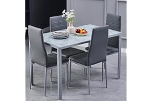 DZOVAD Dining Table and Chairs Set 4, Modern Glass Dining Table and 4 Faux Leather Chairs for Home, Living Room, Office and Café (Gray Marble/Slate Gray, 5-Piece Set)