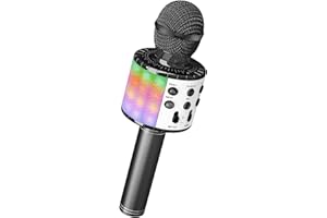 Ankuka Micrófono Karaoke Bluetooth Micrófono Inalámbrico Karaoke Micrófono Niña con Luces LED Regalo Juguetes para Niños Micrófono Cambiador de Voz, Compatible con Android, iOS, PC Negro-Blanco