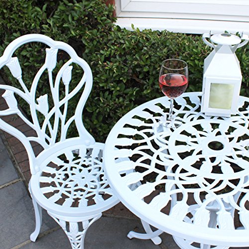 Charles Bentley Garden 3 Piece Tulip Cast Aluminium Patio Bistro Set Table & 2 Chairs - White