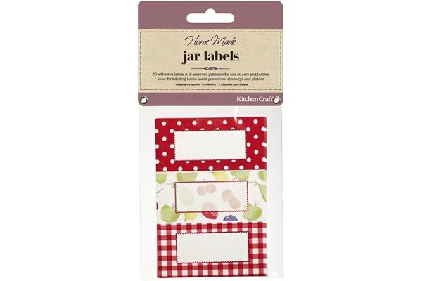 KitchenCraft hemgjorda syltburketiketter med fruktträdgårdsdesign, röd/vit, 30-pack