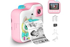 MISIRUN Macchina Fotografica Bambini Istantanea, 2.4 Pollici/1080P HD Fotocamera Istantanea Bambini Digitale con Carta da Stampa e 32G Scheda, Regalo per Bambini 6 anni e oltre（rosa）