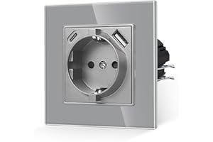 JIMEIDA Pojedyncze gniazdko z USB w kolorze szarym, szklane gniazdko wtykowe 16 A z szybkim ładowaniem USB i portem typu C, podtynkowe gniazdo ścienne 86 x 86 mm, 250 V