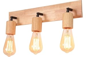 LIGKIN Applique da parete Vintage E27 Lampada da parete Legno, 3 Faretti Testa della Lampada Orientabile Illuminazione Interna per Camera da letto Soggiorno Corridoio