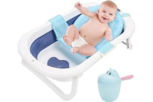 SWANEW Baby Badewanne, Faltbar Babybadewanne, Klappbare Badewannen, Baby Badewanne mit Thermometer und Bath Mat, Baby-haarwaschbecher, Rutschfeste Baby Bathtub für Neugeborene 0-6 Jahre,Blau