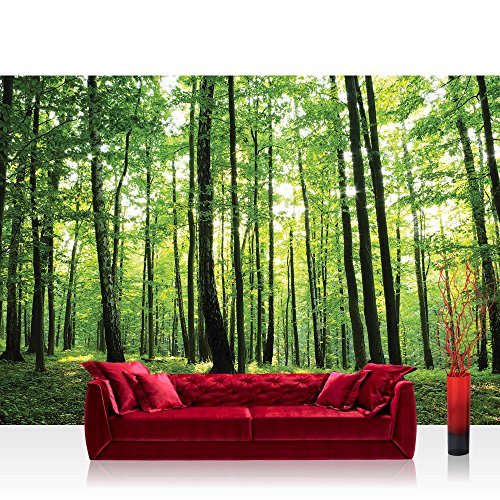 Vlies Fototapete 400x280 cm PREMIUM PLUS Wand Foto Tapete Wand Bild Vliestapete - Wald Tapete Bäume Wald Sonne Wiese grün - no. 528