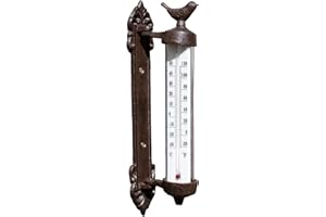 DARTHOME Cast Iron Bird Wall Thermometer Antique Brown Rustic Window Frame Garden Decor, 27.5cm Height