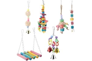 SHEENS Bird Chew Toy, 6Pcs/Set Birds Parrots Swing Chewing Toy Colorful Wooden Beads Hanging Bridge Bells Parrot Cage Bite Toys for Small Parrots Macaws Parakeets Conures Cockatiels