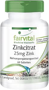 Zink Tabletten - 25mg Zink (elementares Gehalt) pro Tablette - aus Zinkcitrat - HOCHDOSIERT - VEGAN - 60 Tabletten